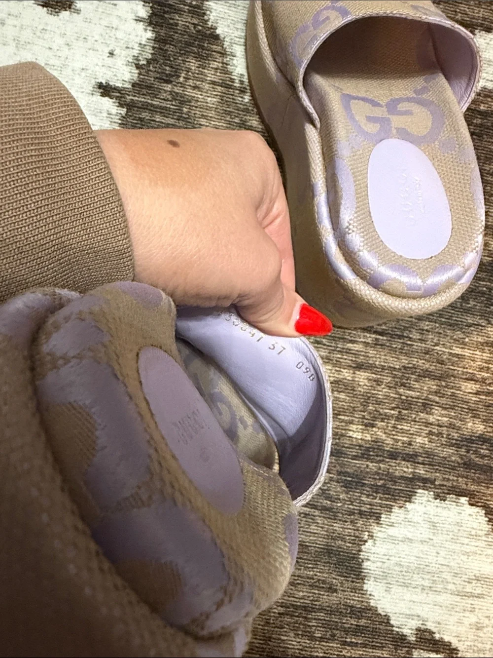 Gucci Authentic Monogram Jumbo GG Logo Platform Slides in Beige/Lapis